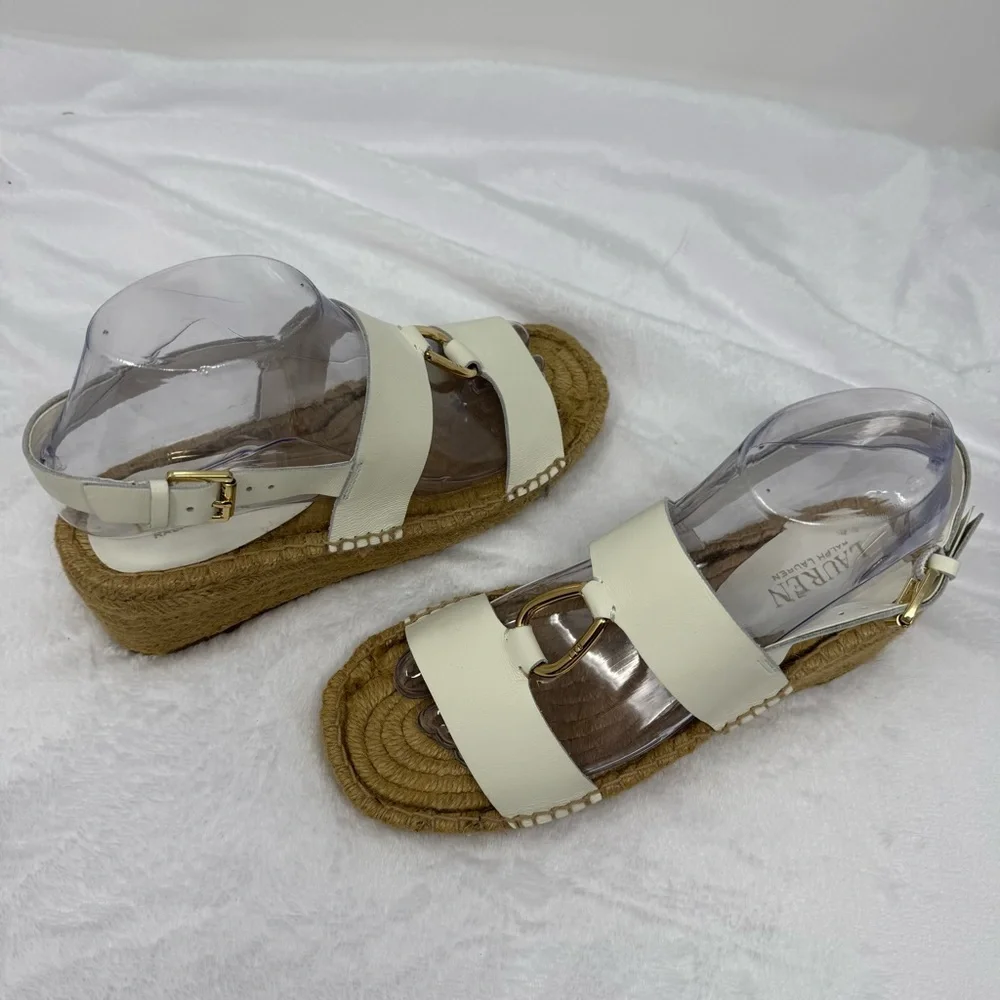 Lauren Ralph‎ Lauren White Leather Bena Wedge Espadrilles Size 7.5 Gold-tone